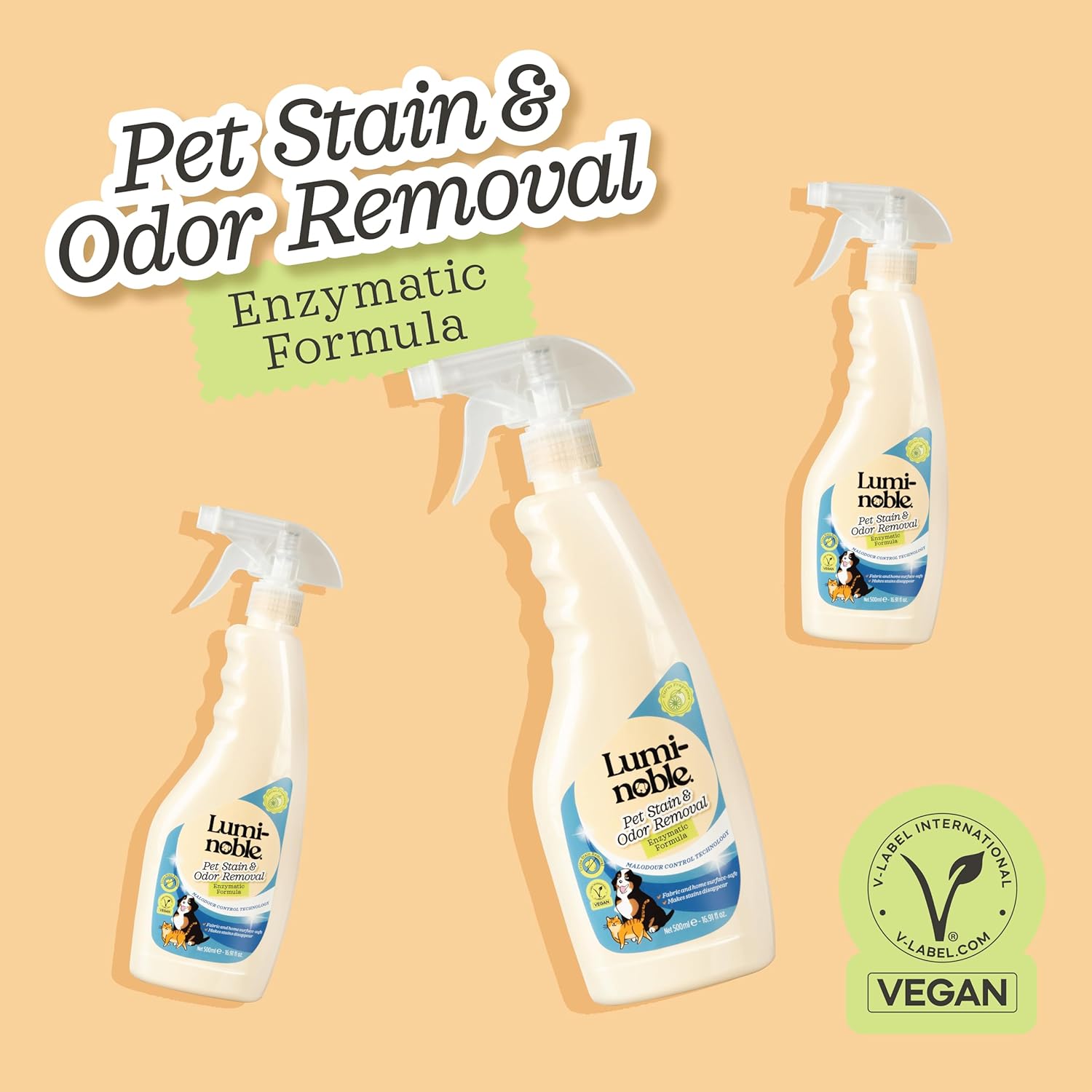 Non-toxic pet mess remover bottle showing safe ingredients list.