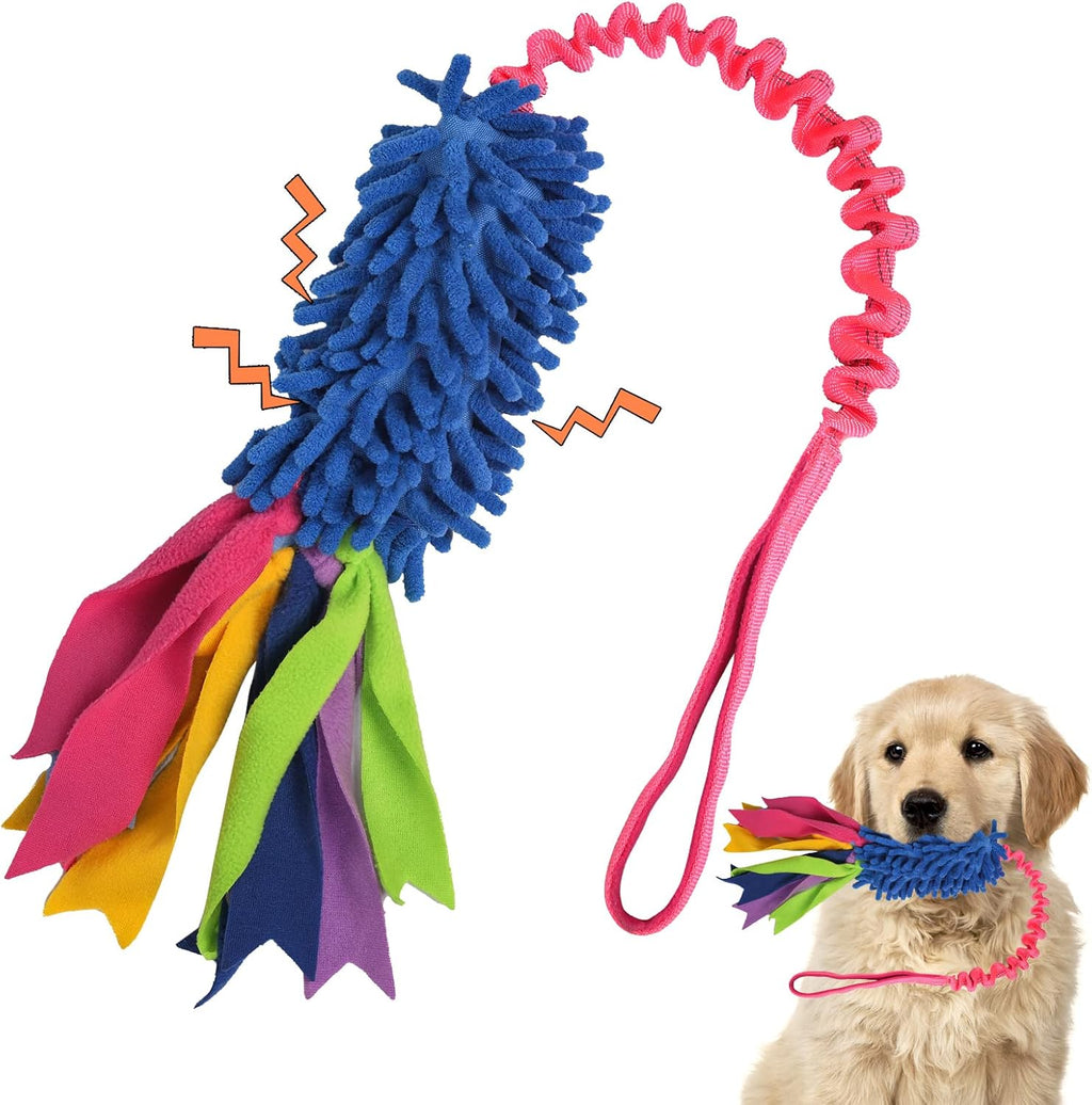 Wodoca dog tug toy front view showcasing blue chenille mop head and pink bungee handle