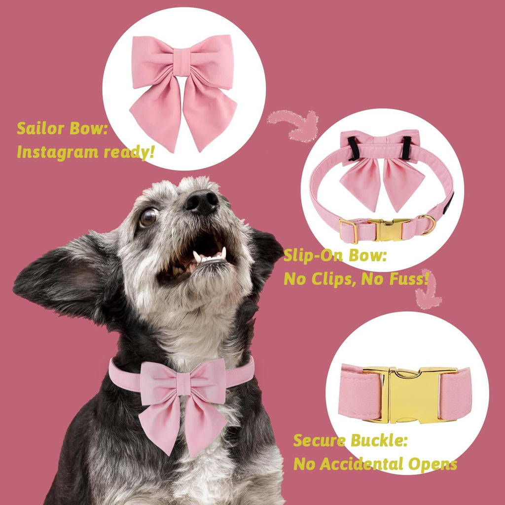 Detailed view of the removable sailor bow tie on cherry pink collar