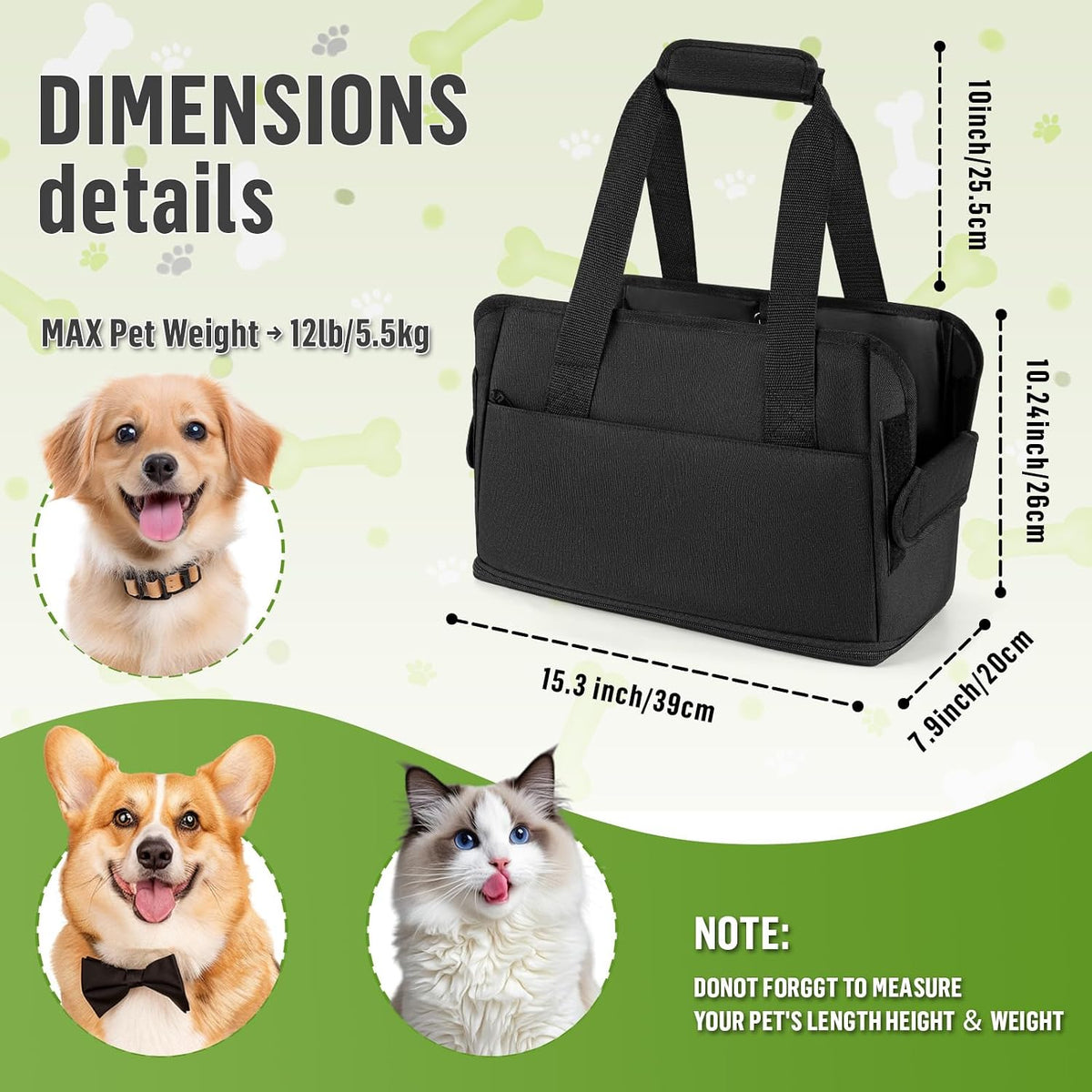 Side view of Likesing soft sided pet tote with zipper pocket