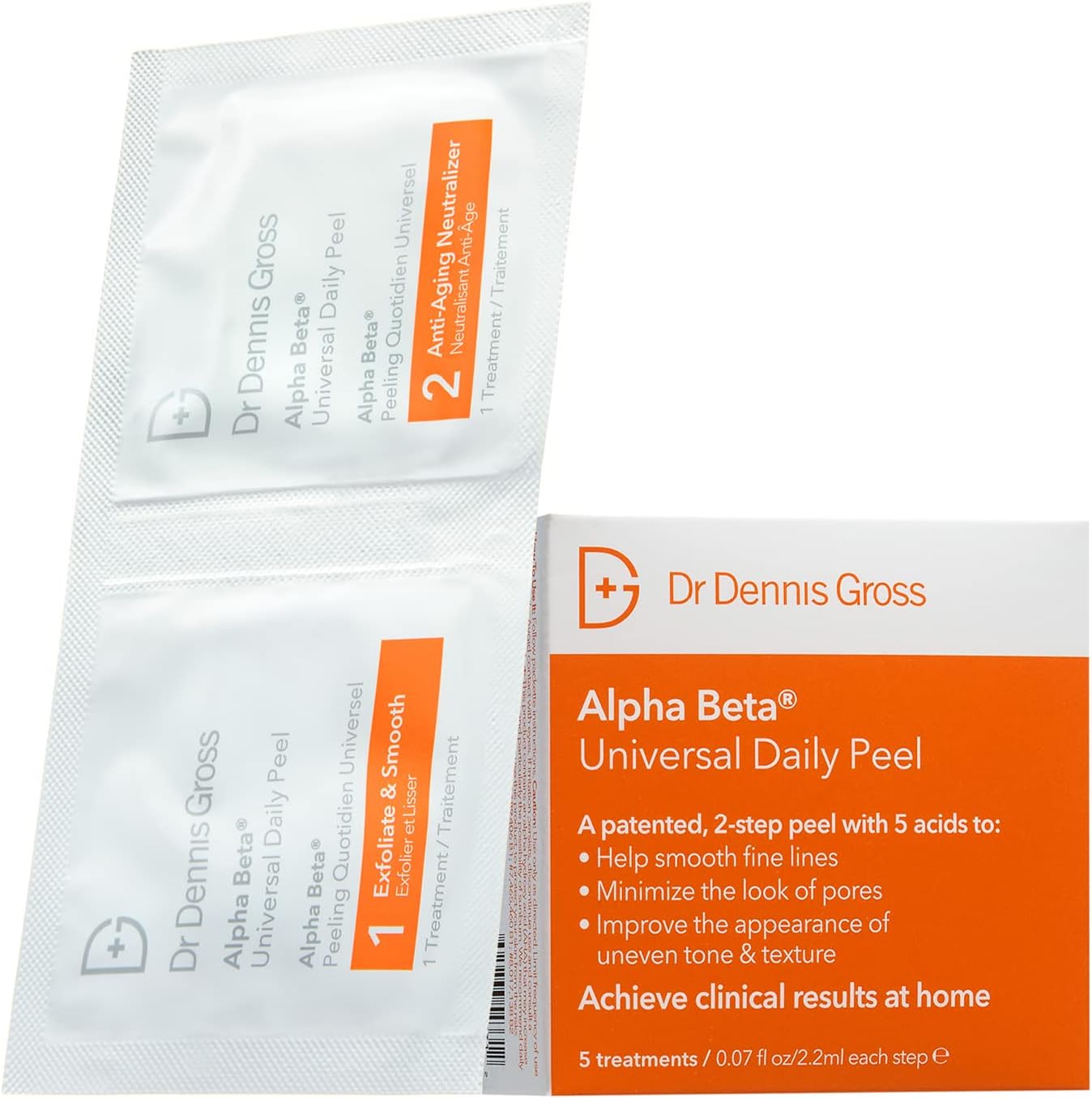 Dr Dennis Gross Alpha Beta Universal Daily Peel packaging front view showing authentic exfoliating pads.
