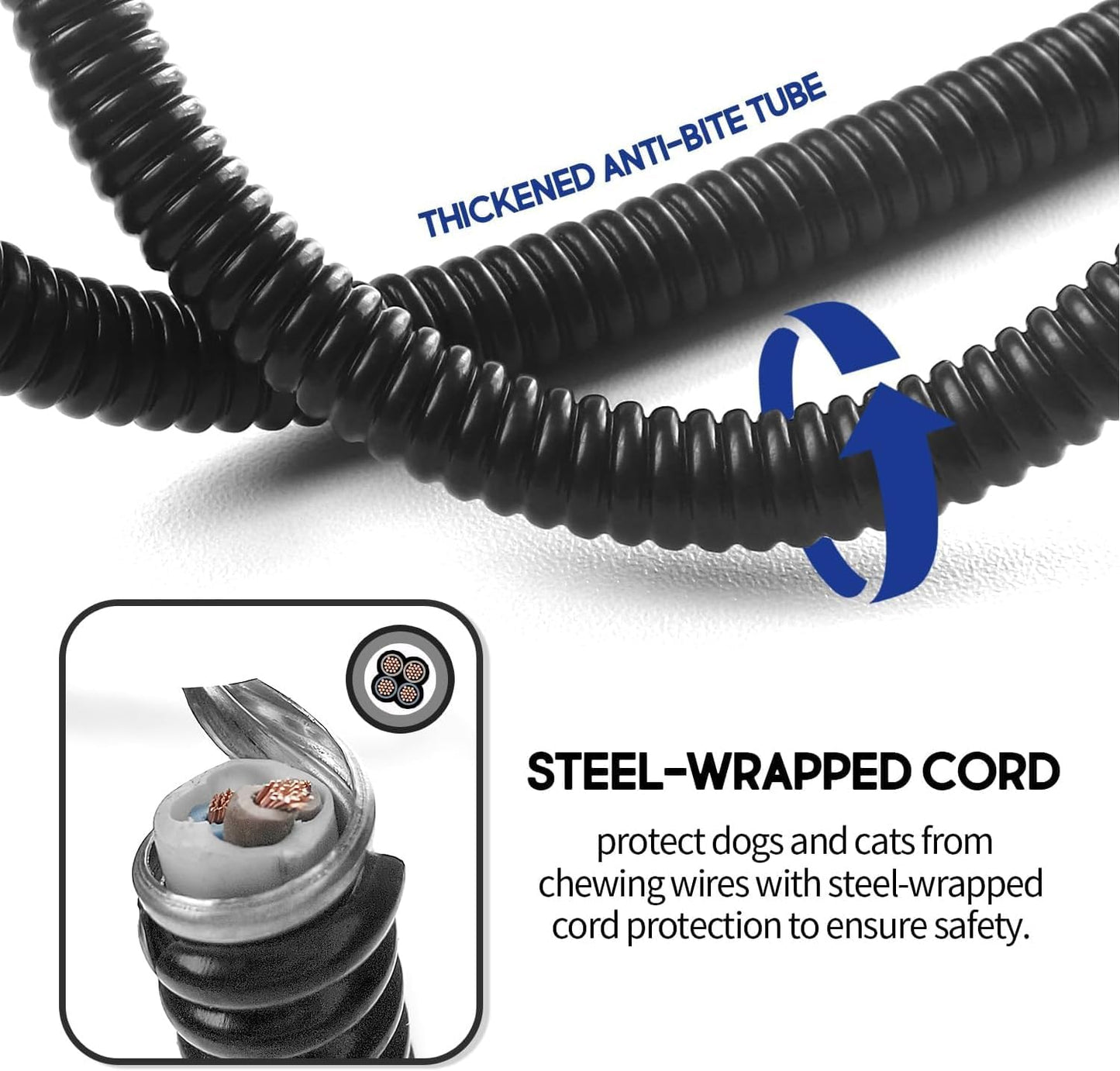 Close up view of the Rest-Eazzzy chew proof cable and bendable bite proof hose safety feature.