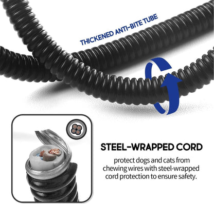 Close up view of the Rest-Eazzzy chew proof cable and bendable bite proof hose safety feature.
