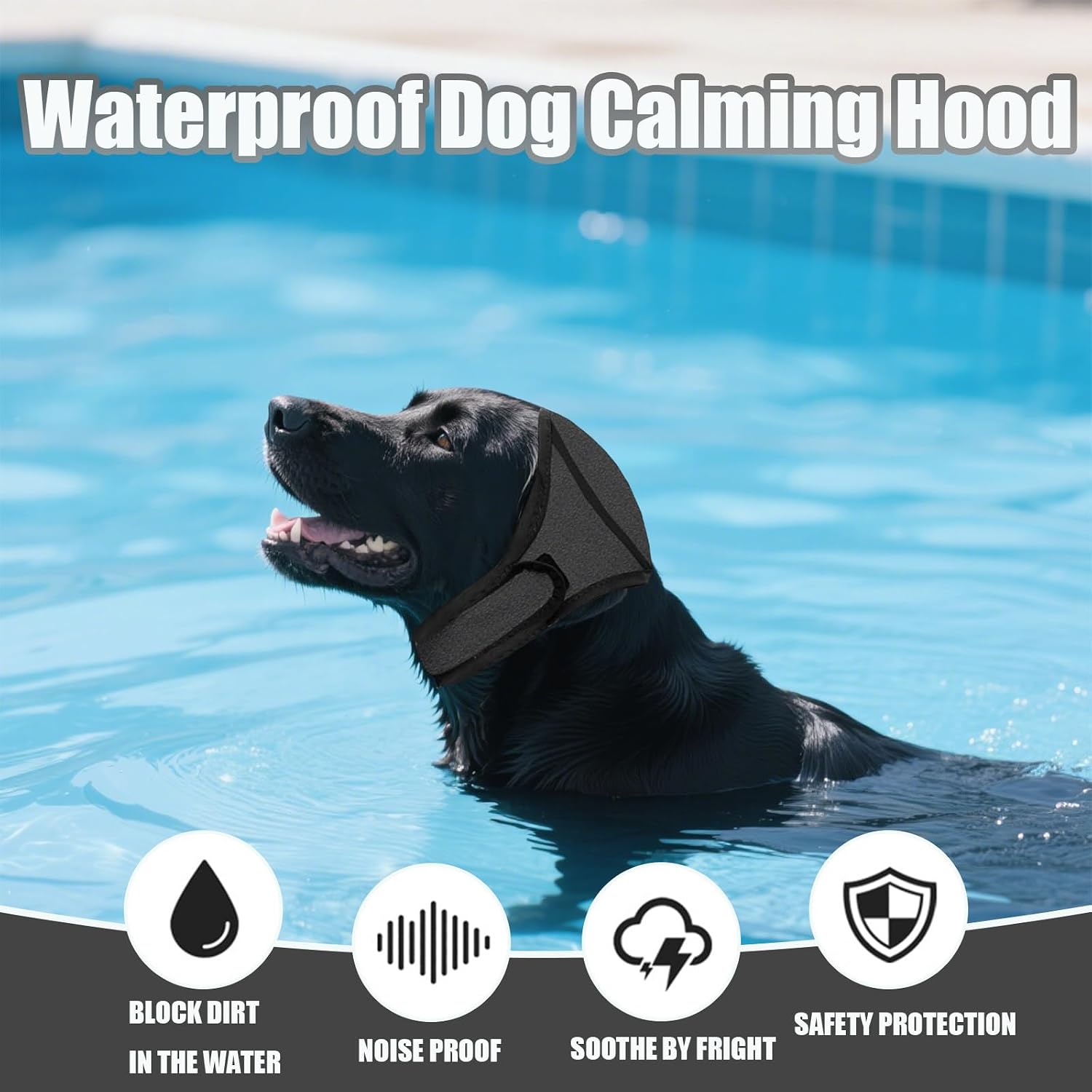 Dog wearing gray calming ear hoodie for noise protection