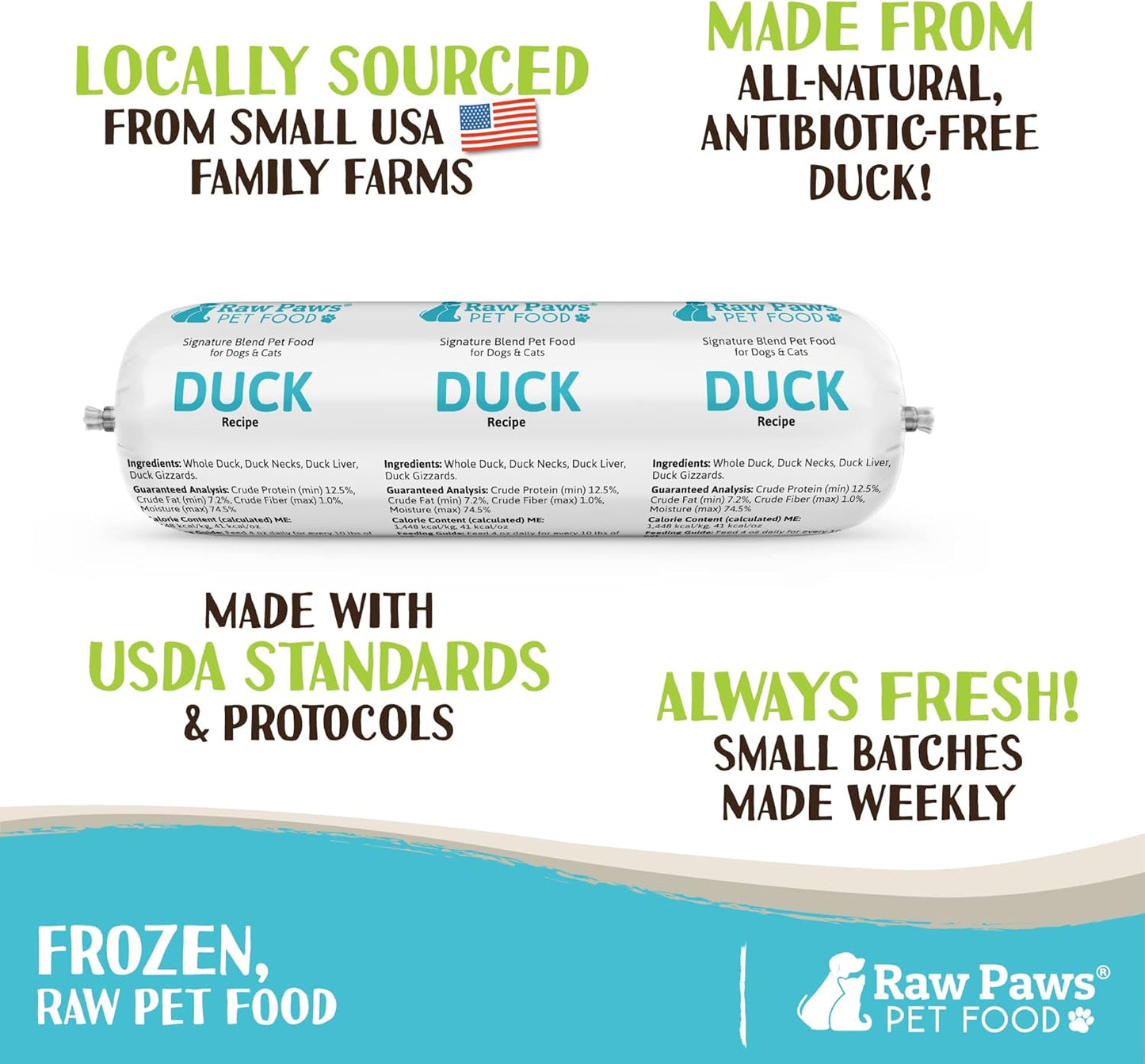Raw Paws Signature Blend duck dog and cat food packaging