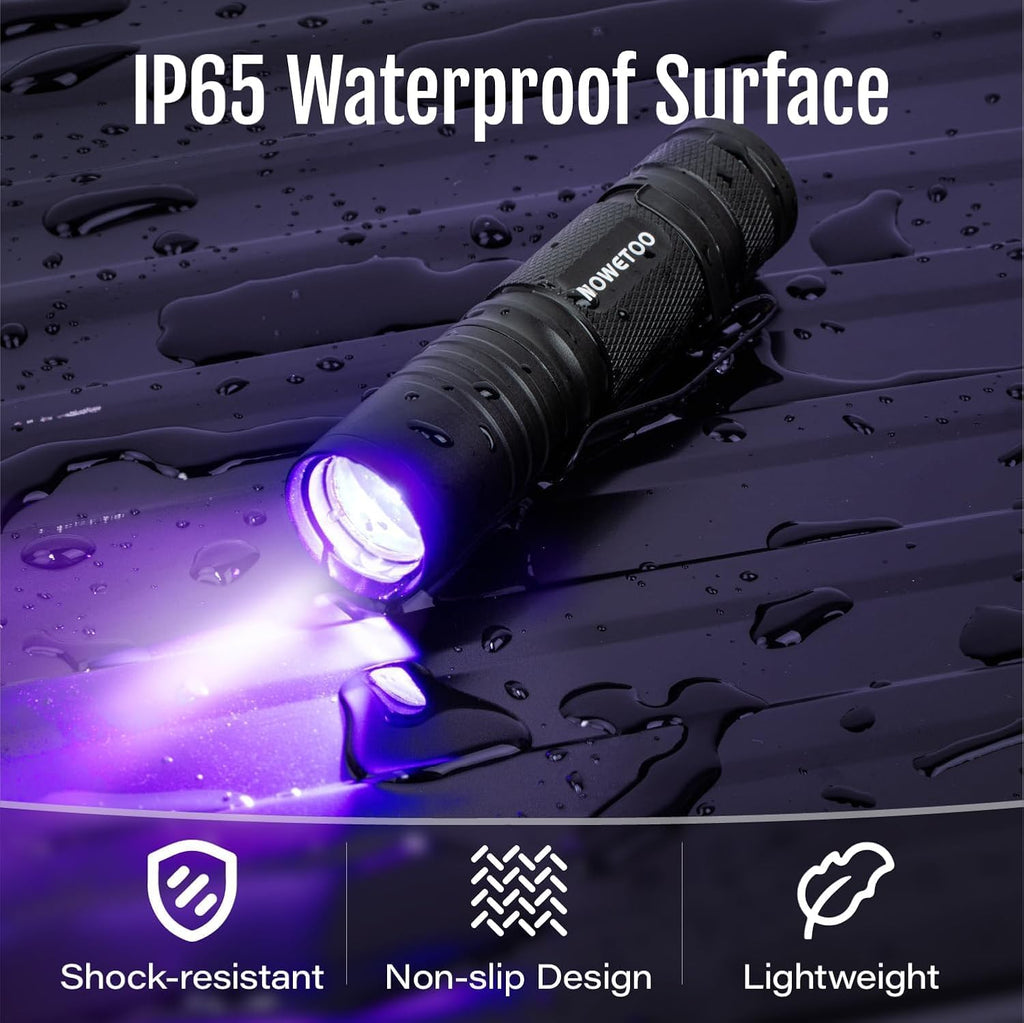 MOWETOO portable ultraviolet lamp verifying security features and fluorescent markings on paper currency.