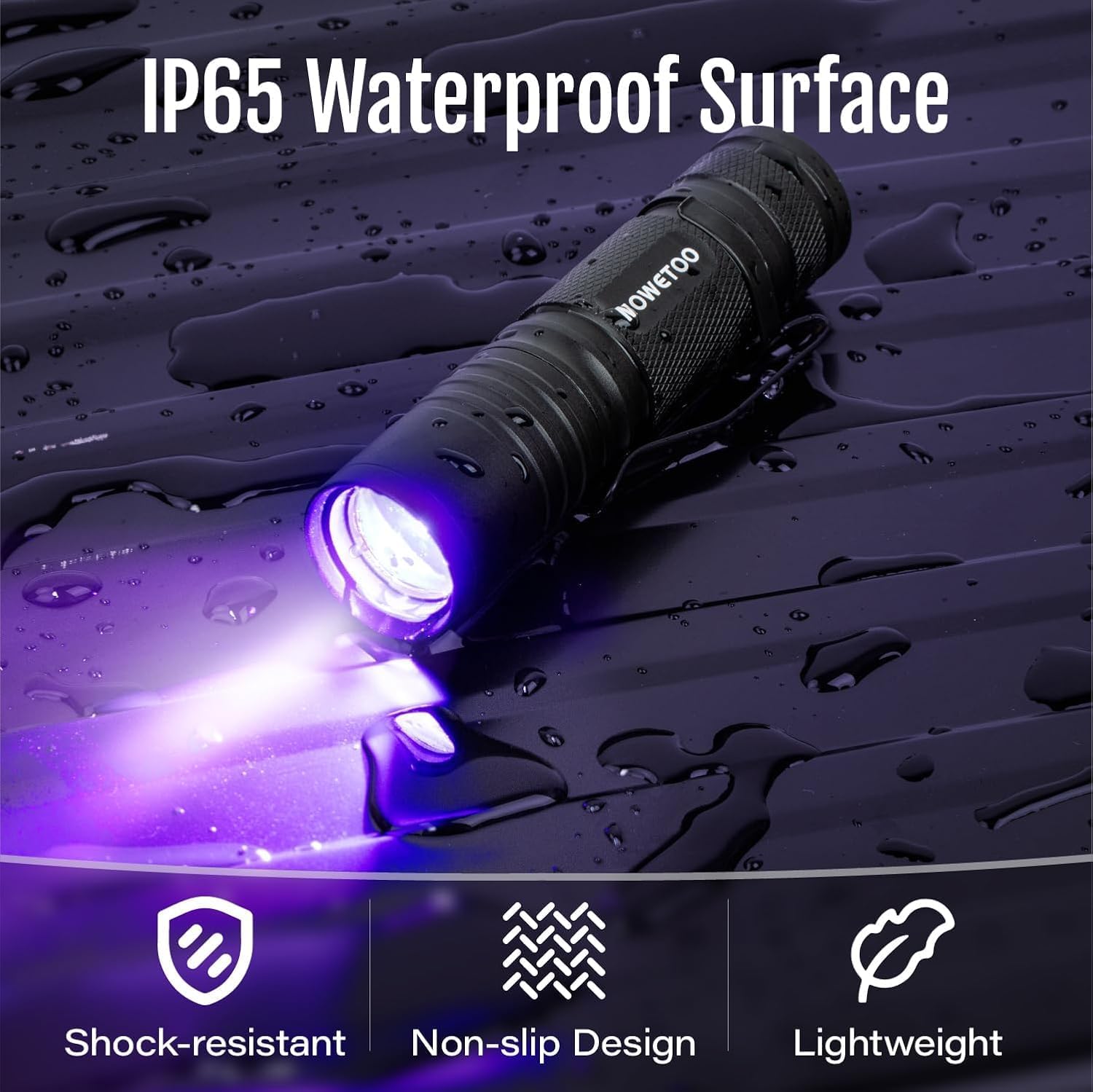 MOWETOO portable ultraviolet lamp verifying security features and fluorescent markings on paper currency.