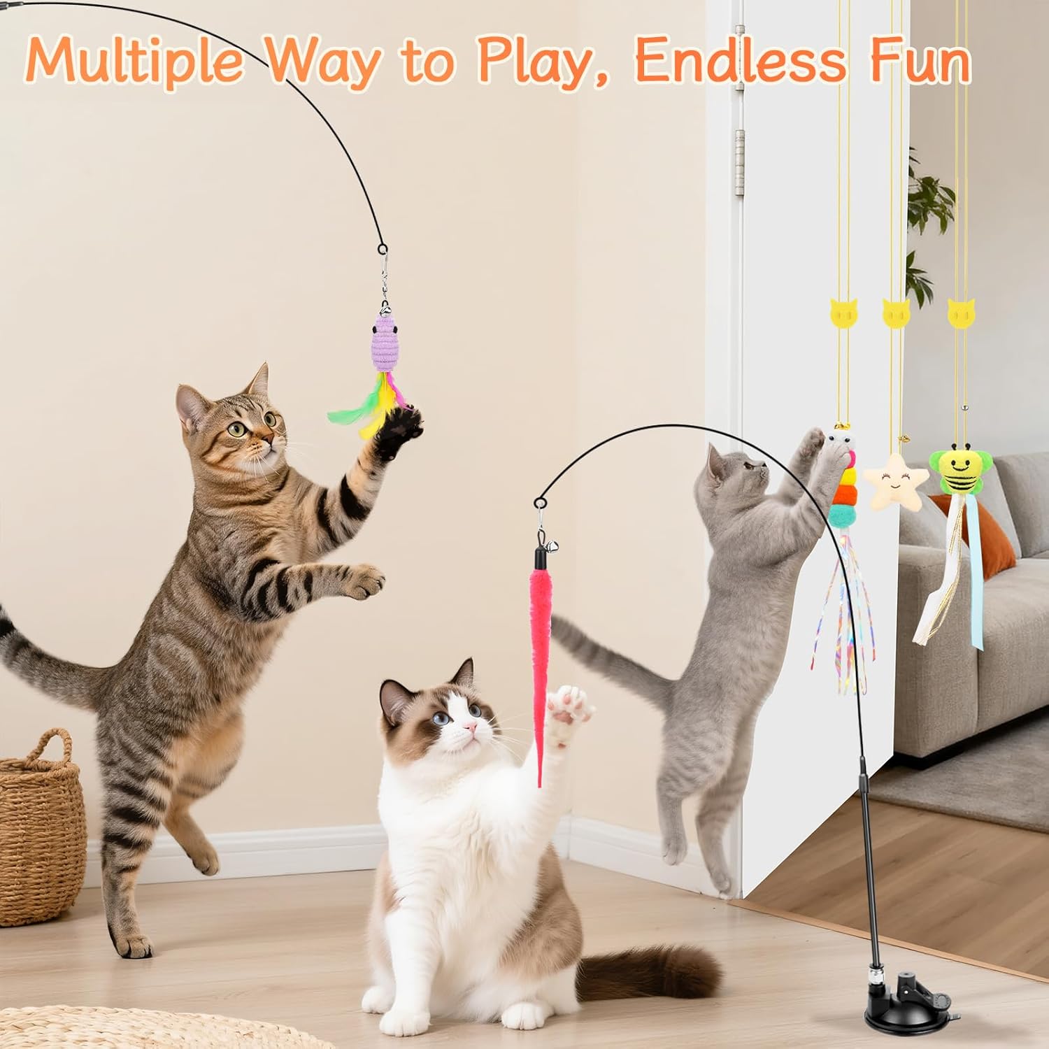 Suction cup mounted cat teaser wand attached to a window glass surface.
