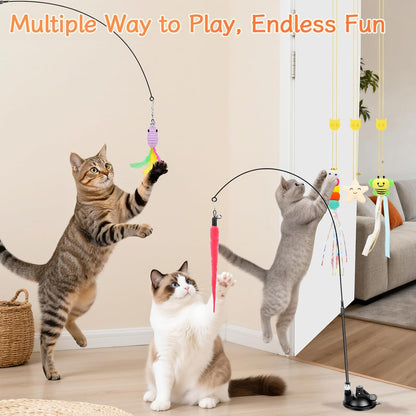 Suction cup mounted cat teaser wand attached to a window glass surface.