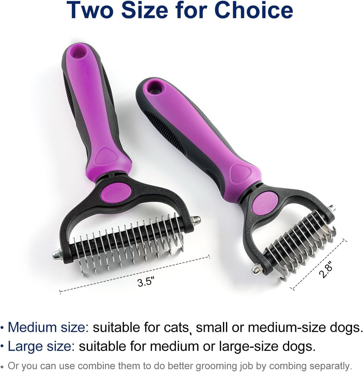 Close up of WePet purple grooming rake stainless steel blades