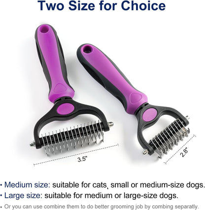 Close up of WePet purple grooming rake stainless steel blades