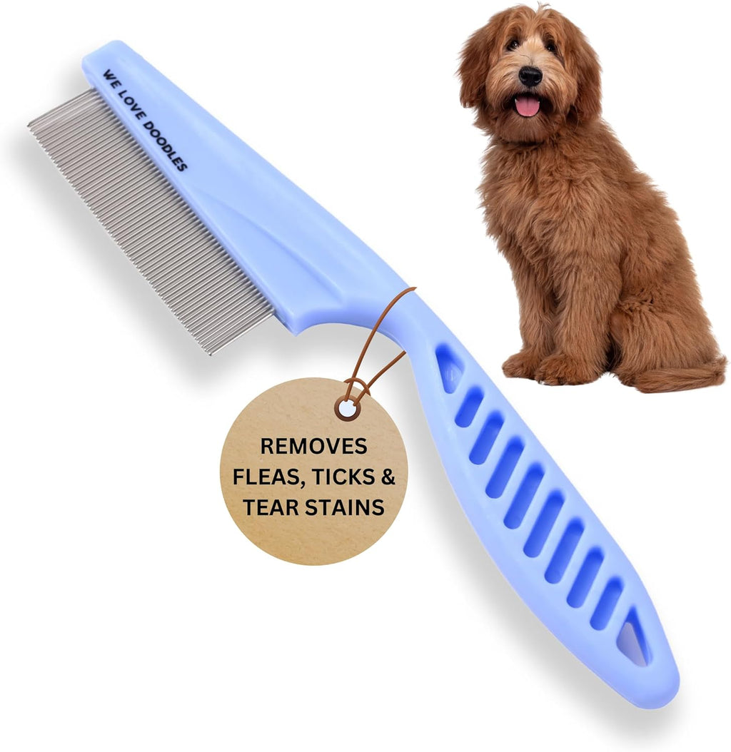 We Love Doodles pet comb packaging highlighting authentic USA imported grooming kit details.