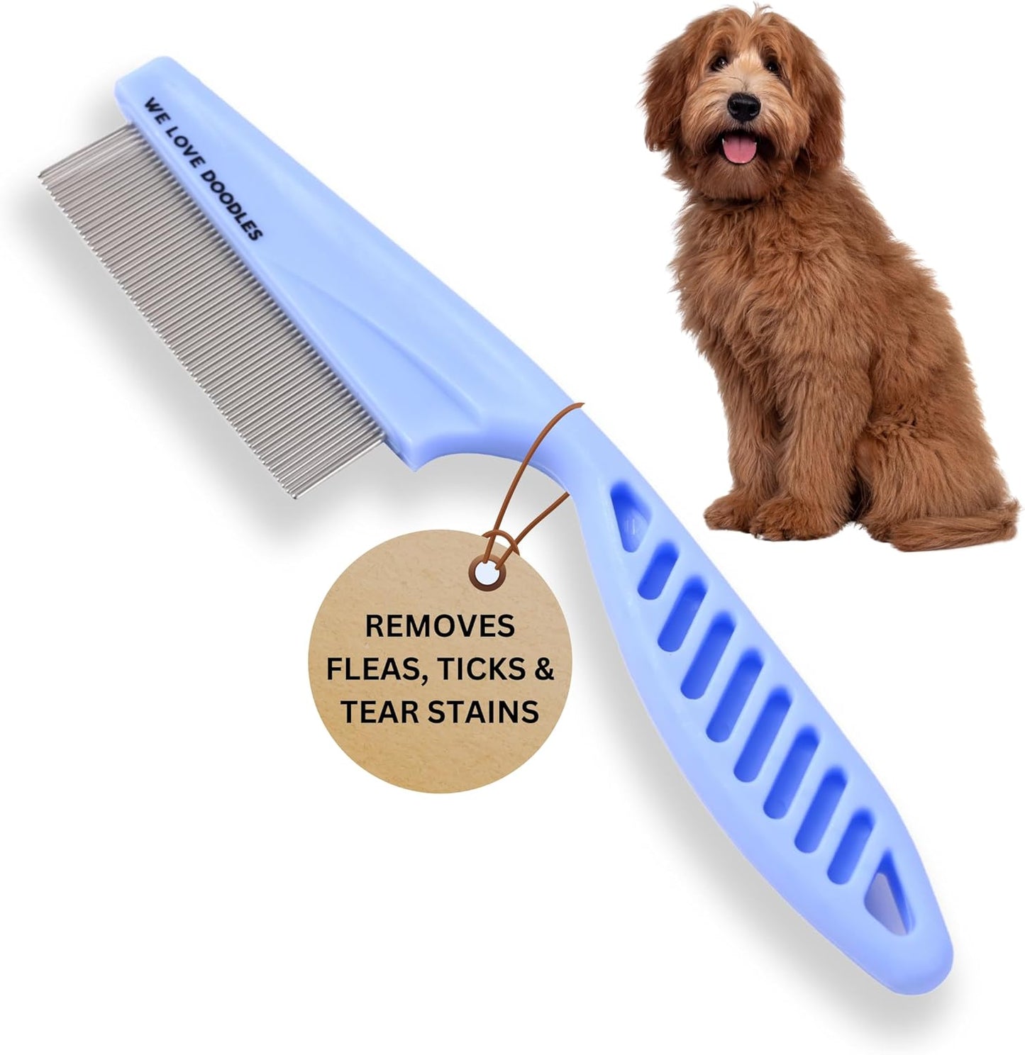 We Love Doodles pet comb packaging highlighting authentic USA imported grooming kit details.