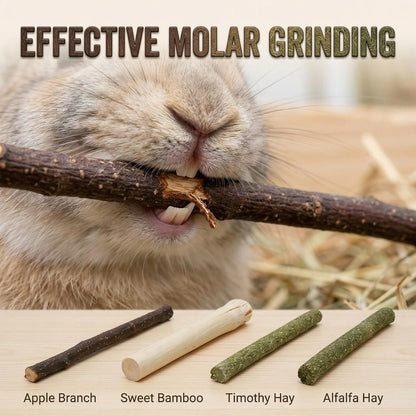 Organic timothy hay and alfalfa chew sticks for rabbit molar teeth grinding.
