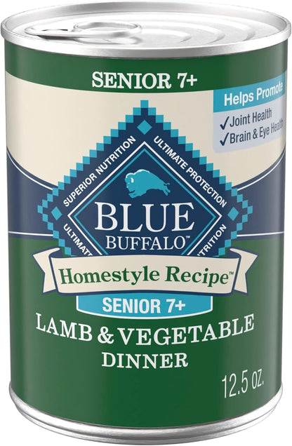 Twelve pack case packaging of Blue Buffalo Homestyle Recipe natural wet food for dogs seven years and older