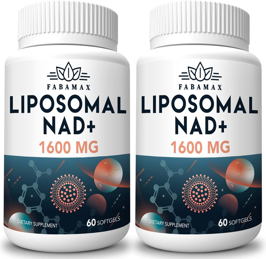 Fabamax Liposomal NAD Supplement 1600mg front bottle view highlighting anti aging benefits