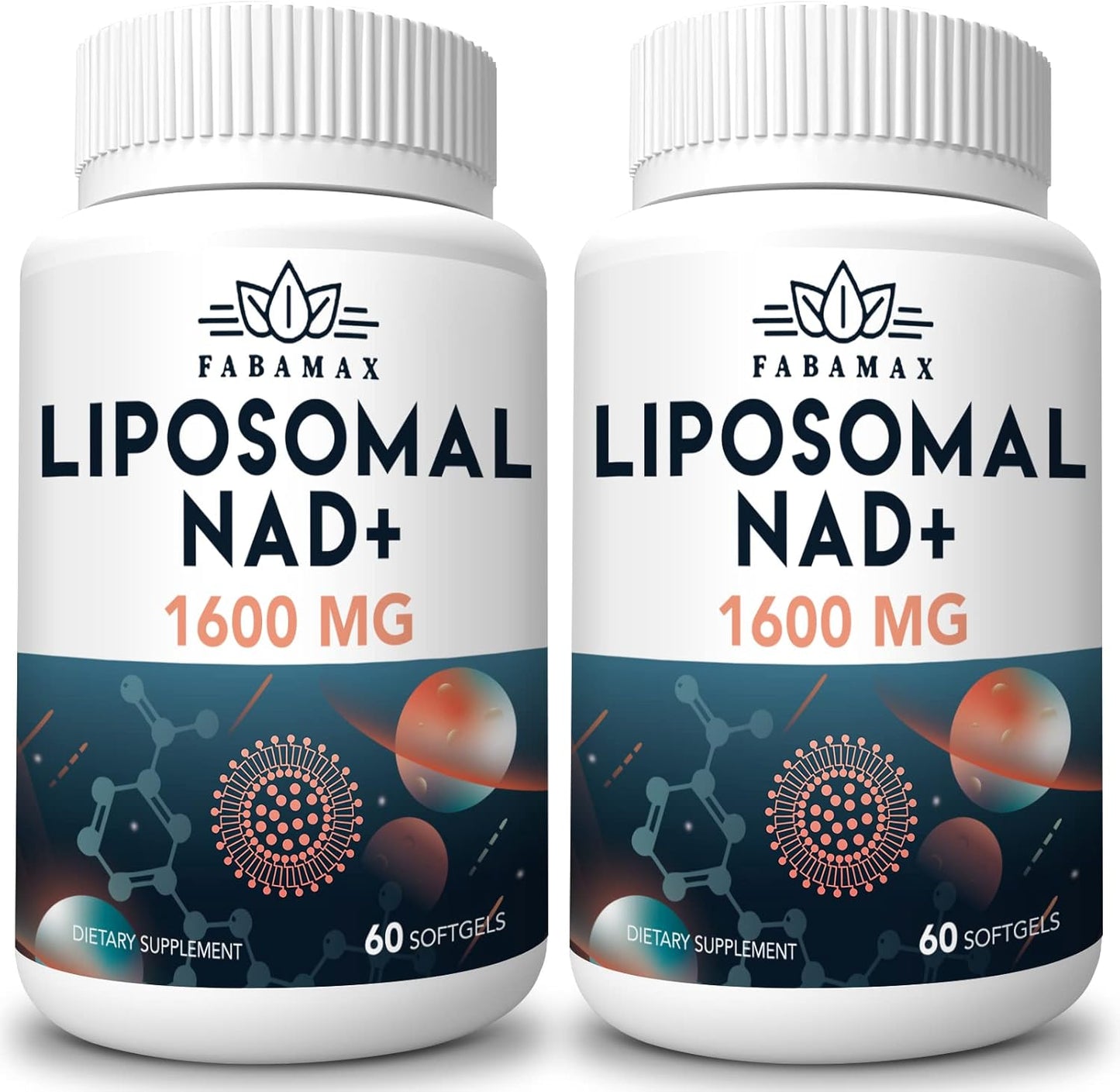 Fabamax Liposomal NAD Supplement 1600mg front bottle view highlighting anti aging benefits