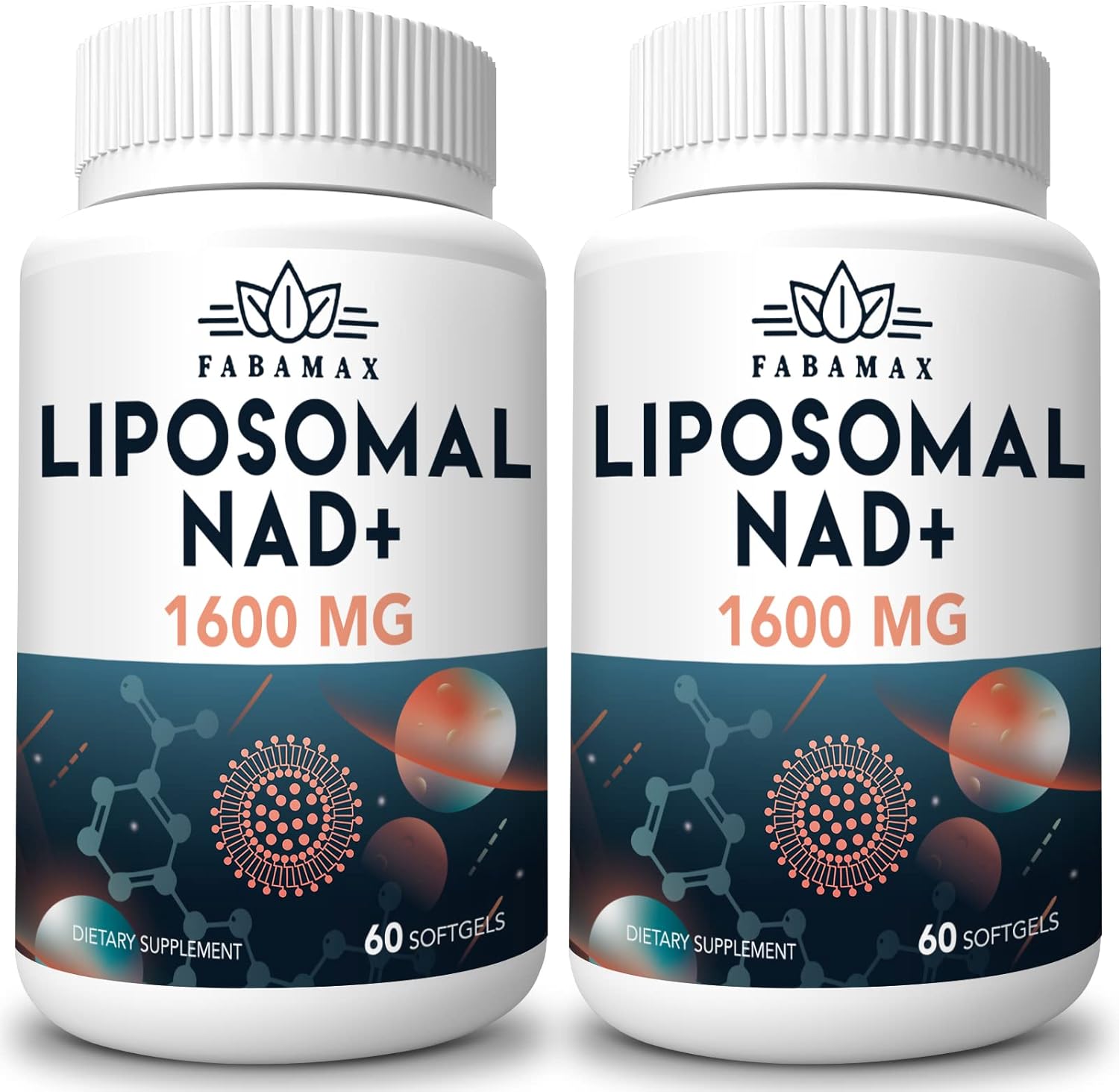 Fabamax Liposomal NAD Supplement 1600mg front bottle view highlighting anti aging benefits
