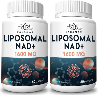 Fabamax Liposomal NAD Supplement 1600mg front bottle view highlighting anti aging benefits