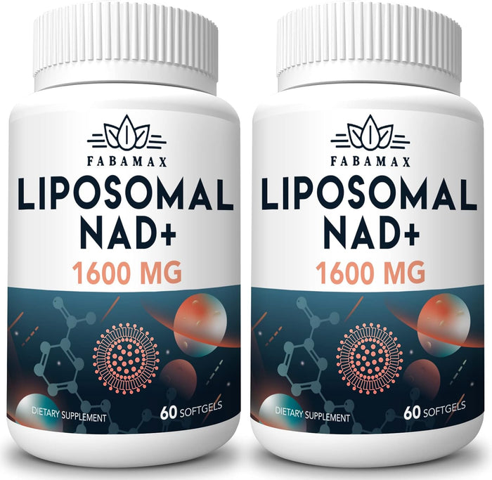 Fabamax Liposomal NAD Supplement 1600mg front bottle view highlighting anti aging benefits