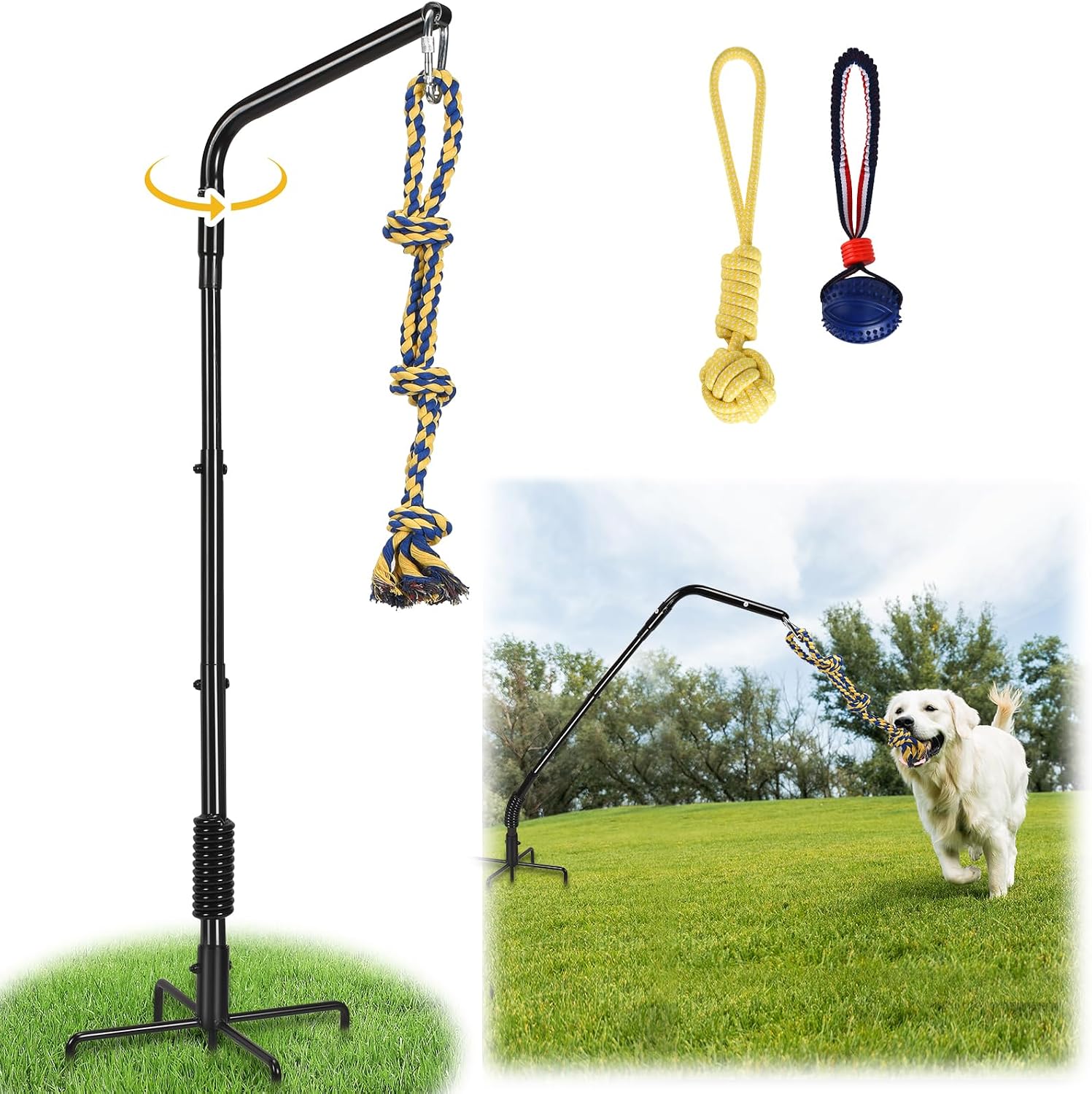HVDI tether dog toy rack front view showcasing the outdoor spring pole assembly with attached rope toy