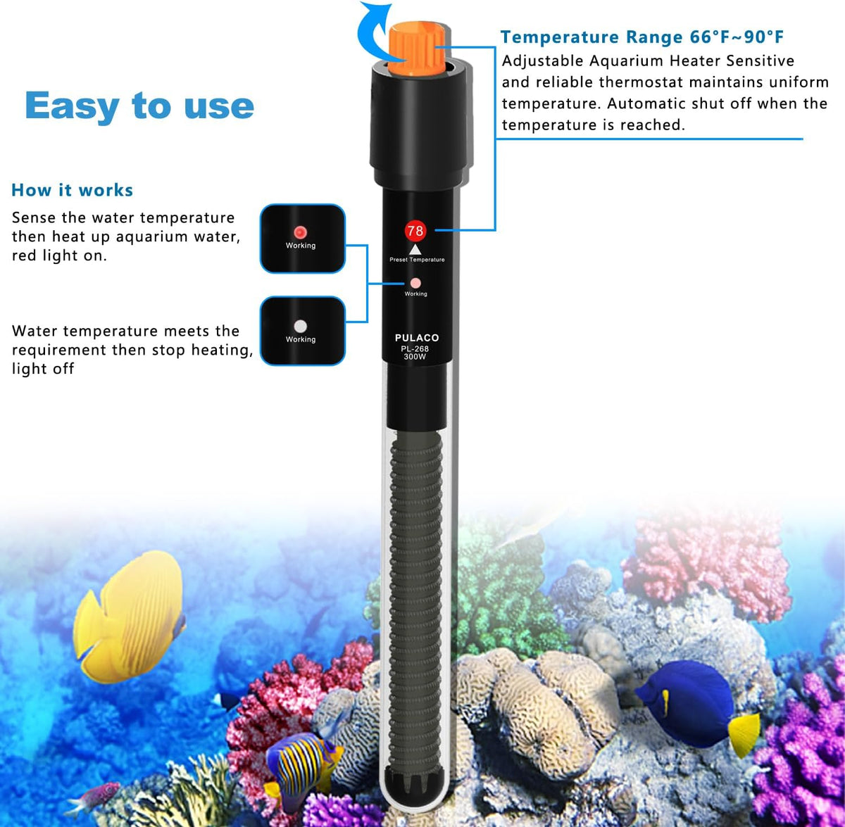 Pulaco submersible heater installed inside a 50 gallon fish tank