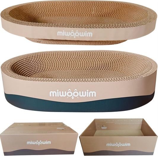 Miwoowim 3-Piece Cat Scratcher Set front view showing two oval cardboard bowls and one scratching box