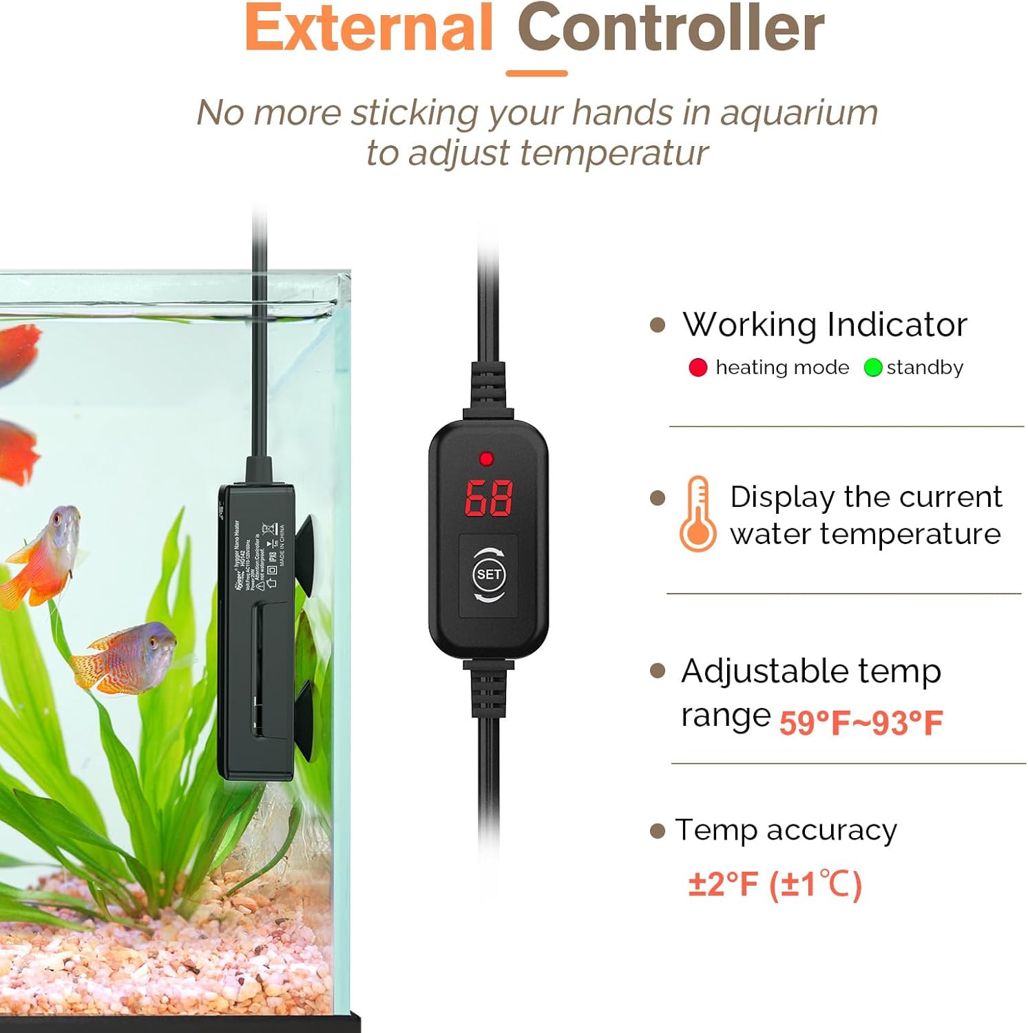 Close up of Hygger heater digital temperature display