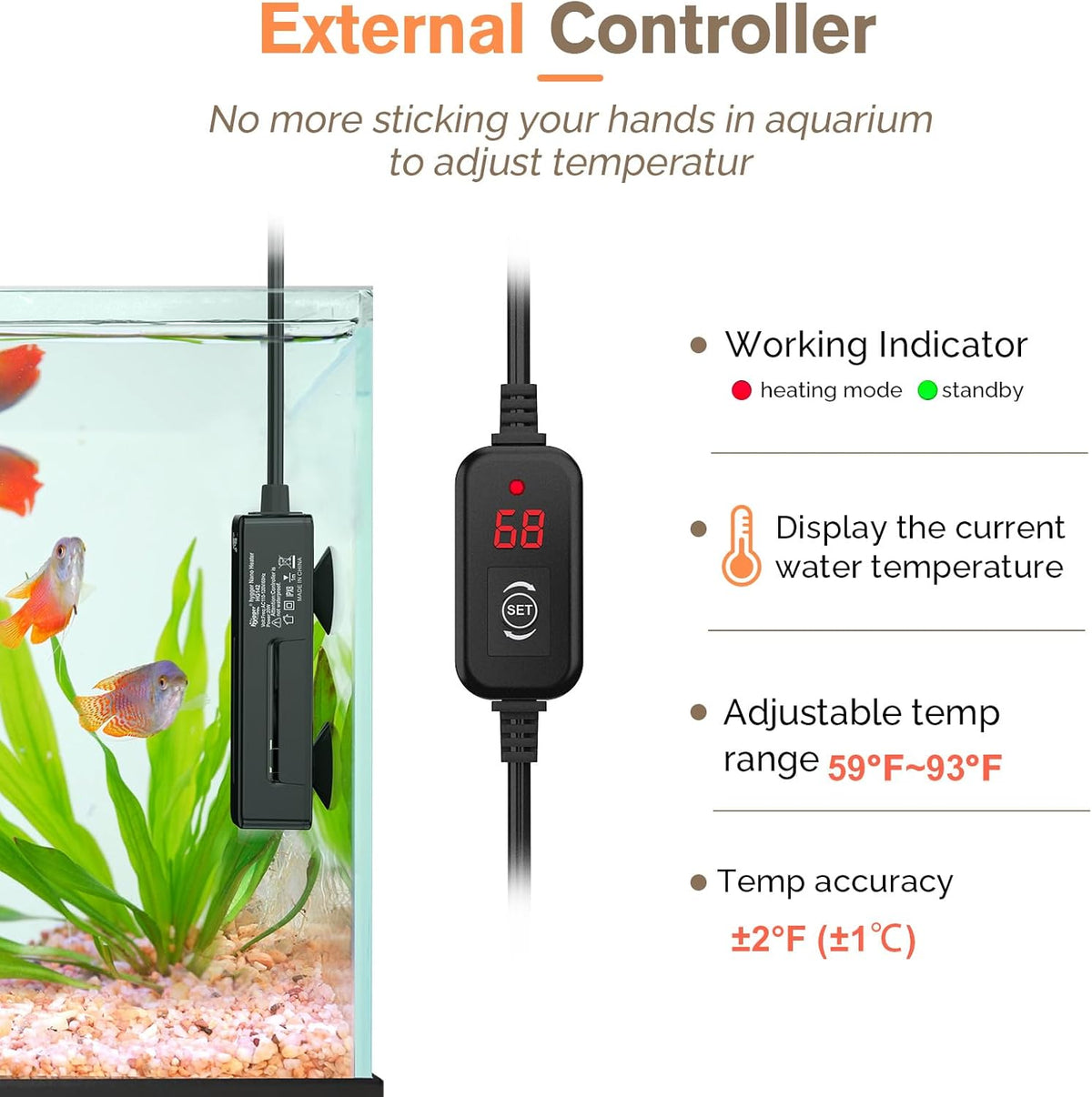 Close up of Hygger heater digital temperature display