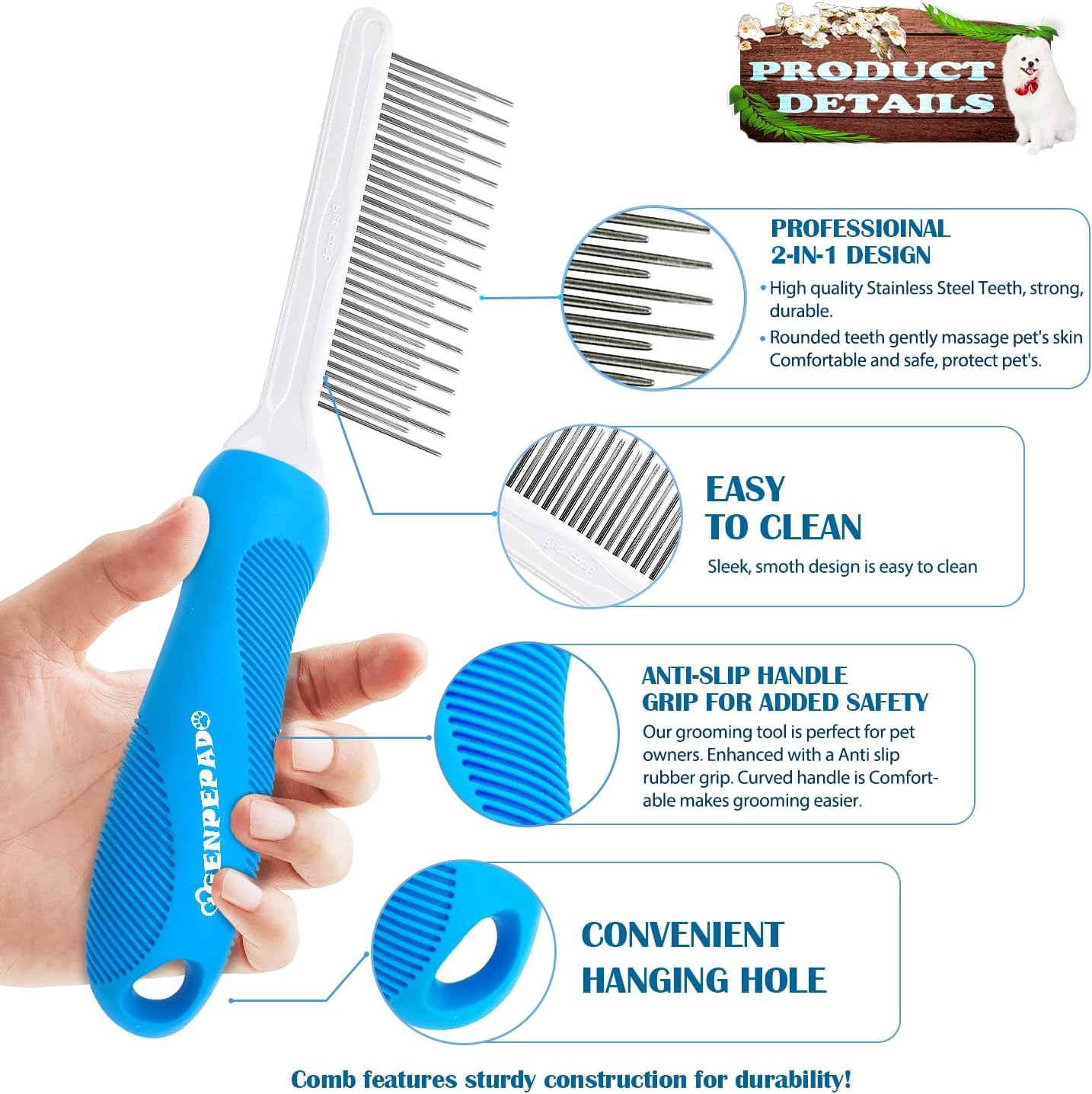Genpepado pet detangler comb with stainless steel teeth