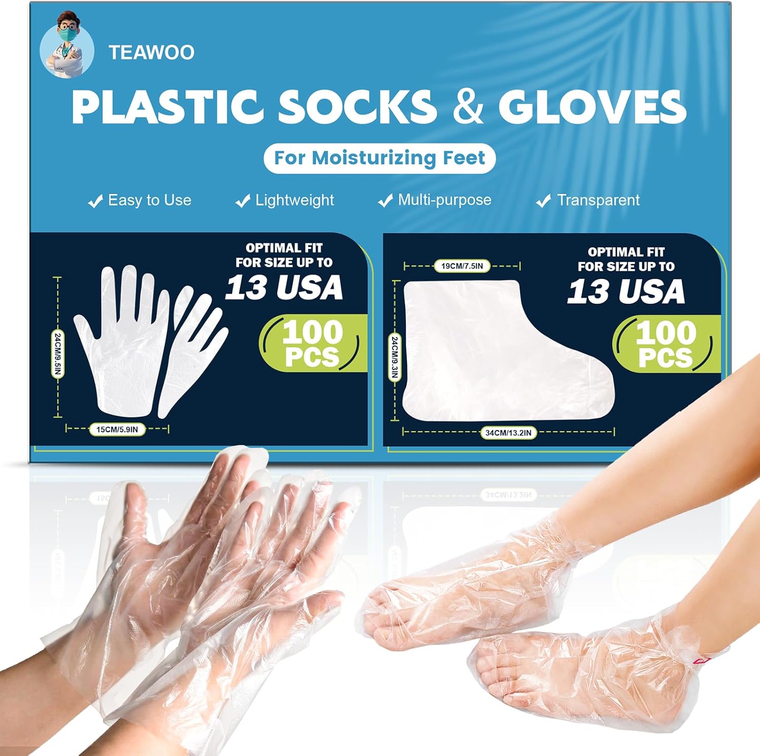 TEAWOO disposable hand and foot mask set front packaging view showcasing the plastic liners and stickers.
