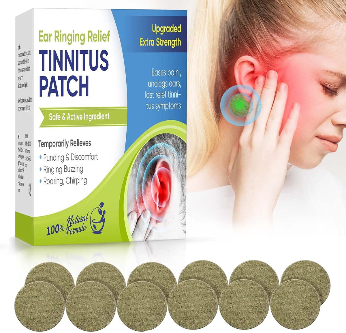 Atrilly Topicy Tinnitus Relief Patches front packaging for ear ringing relief.