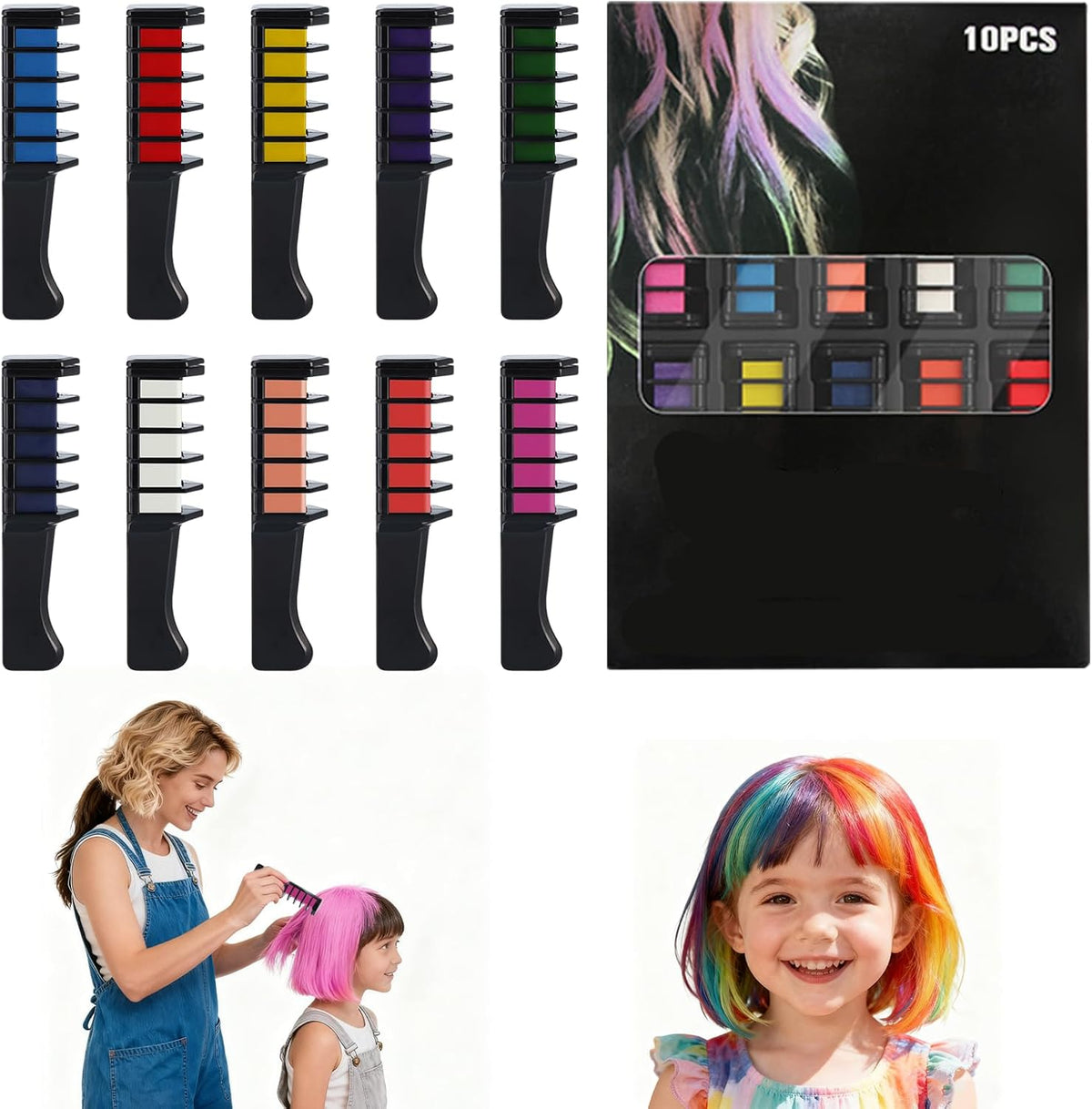 Zankie 10 Colors Festive Fun Hair Chalk Comb set front view
