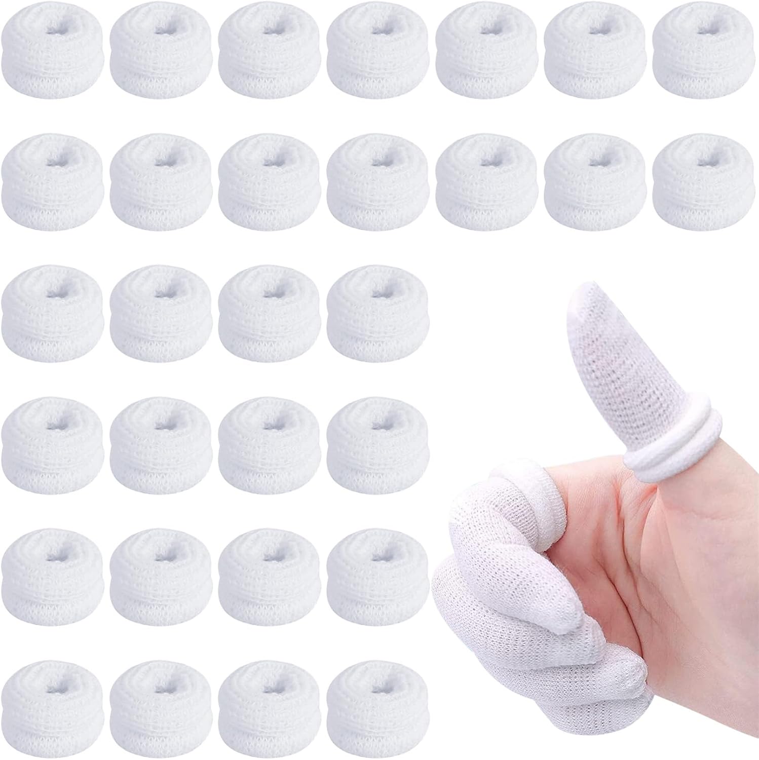 Yeasing Finger Bandages 30 Pieces front packaging view showing white tubular cotton cots.