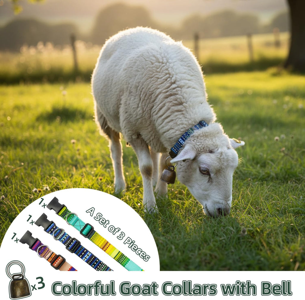 Three pack set of Chuanke farm animal tracking collars neatly displayed with bronze bells and keychains