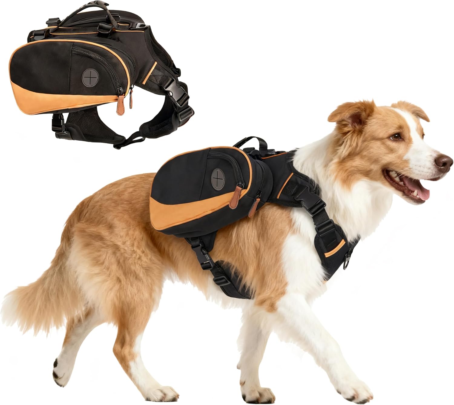 Moysoon dog backpack harness showing front view on a golden retriever.