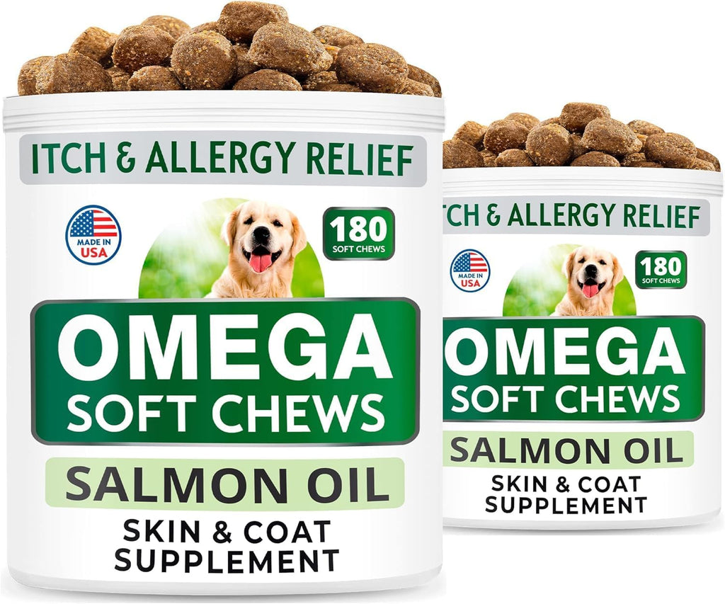 BARK&SPARK dog fish oil liquid supplement display highlights for relieving dry skin and shedding