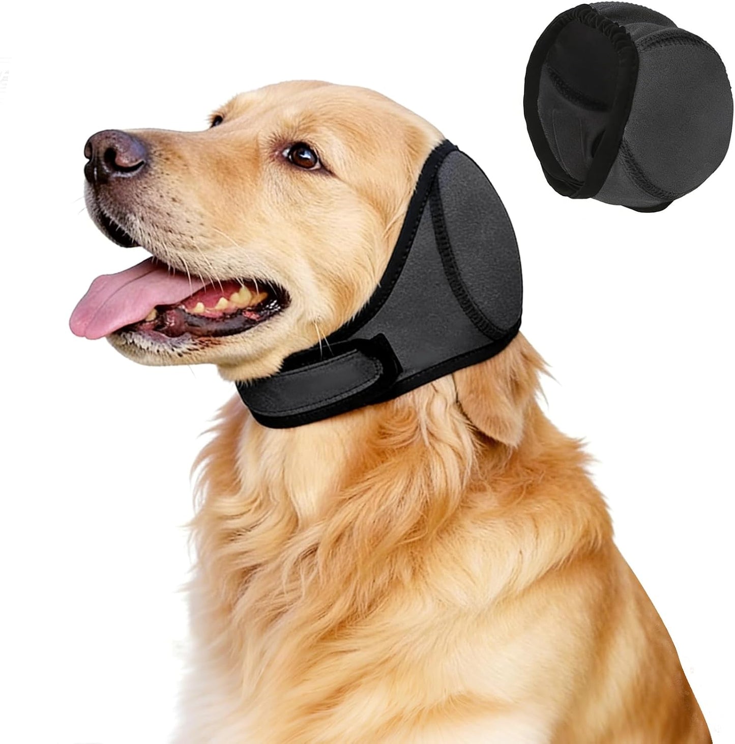 Faluckyy Dog Ear Muffs and No Shake Ear Wrap front view on a grey dog showing secure fit.