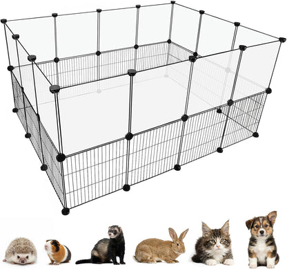 Rabbit Playpen Indoor, Transparent Clear + Wire Small Animal Playpen, 28 Panels (11.8") DIY Plastic Enclosure, Expandable Pet Fence Indoor for Guinea Pigs, Bunny, Hedgehogs, Puppies & Kittens - Image 1