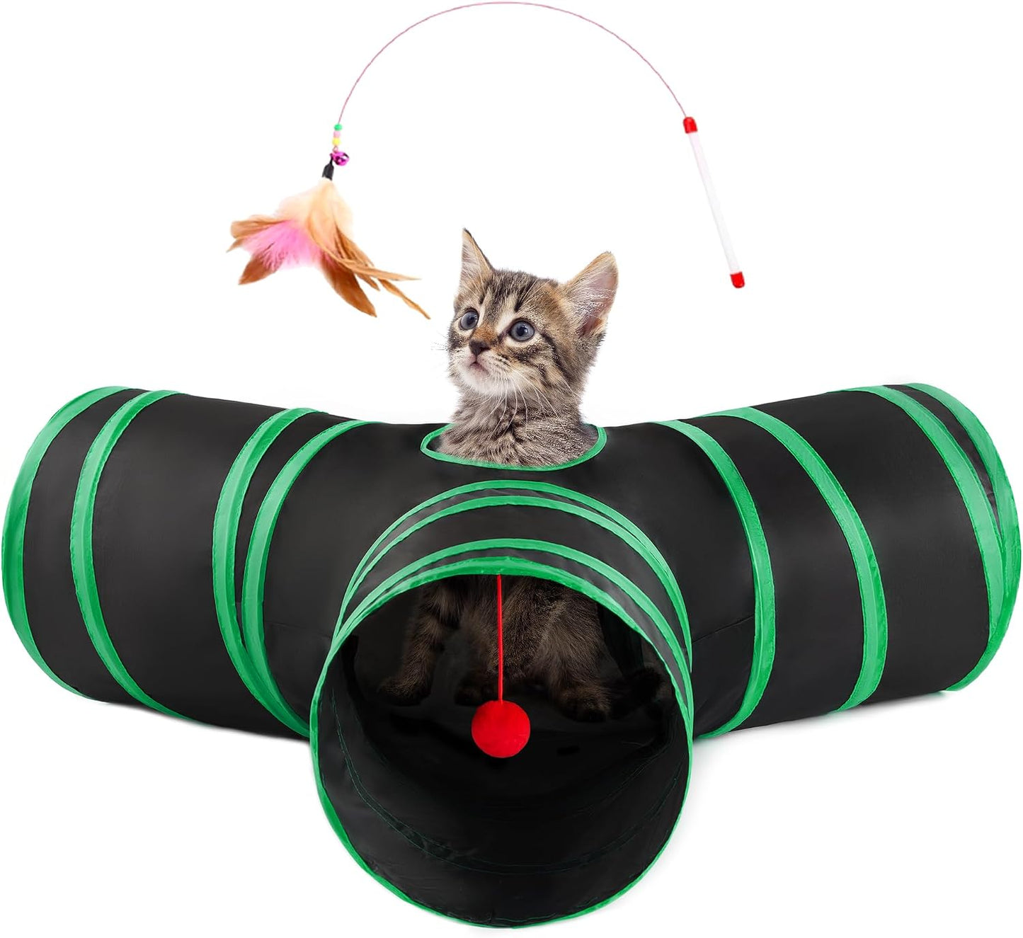 Love's Cabin Cat Tunnel for Indoor Cats, 3-Way Collapsible Play Tunnel with Teaser Wand, Peek Holes & Toy Ball, Small Pet Toy for Kittens & Rabbits, Black & Blue, Small Size - Image 14
