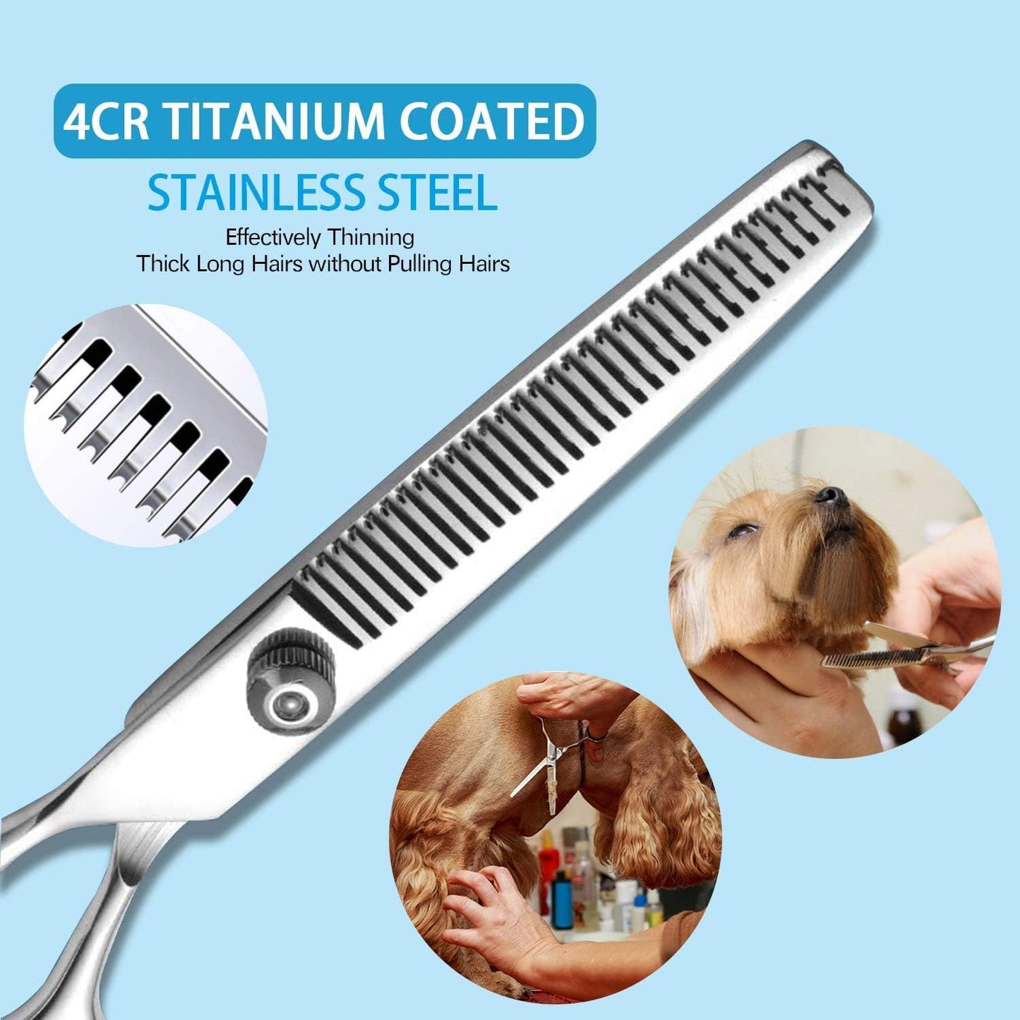 Maxshop titanium pet trimming kit showing straight and curved shears