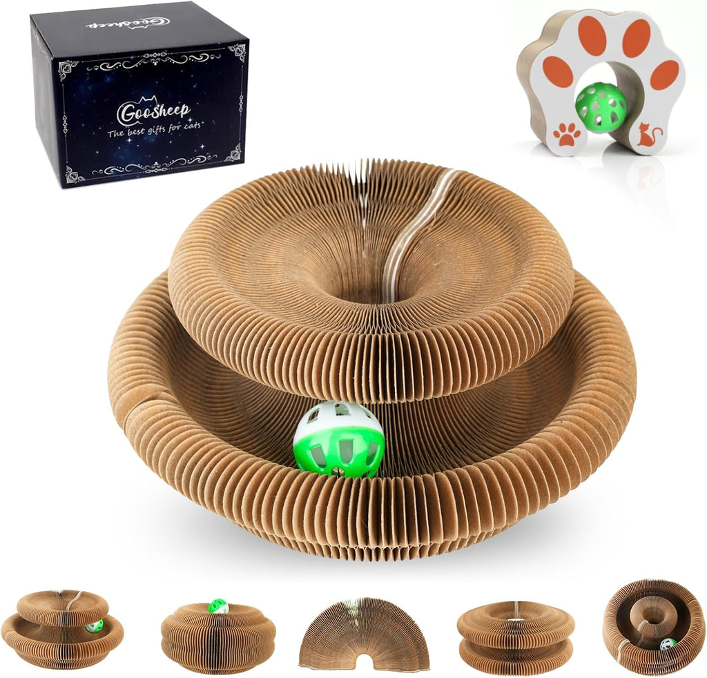Goosheep Kitty Kurlz magic organ cat scratcher front view showing circular cardboard accordion structure