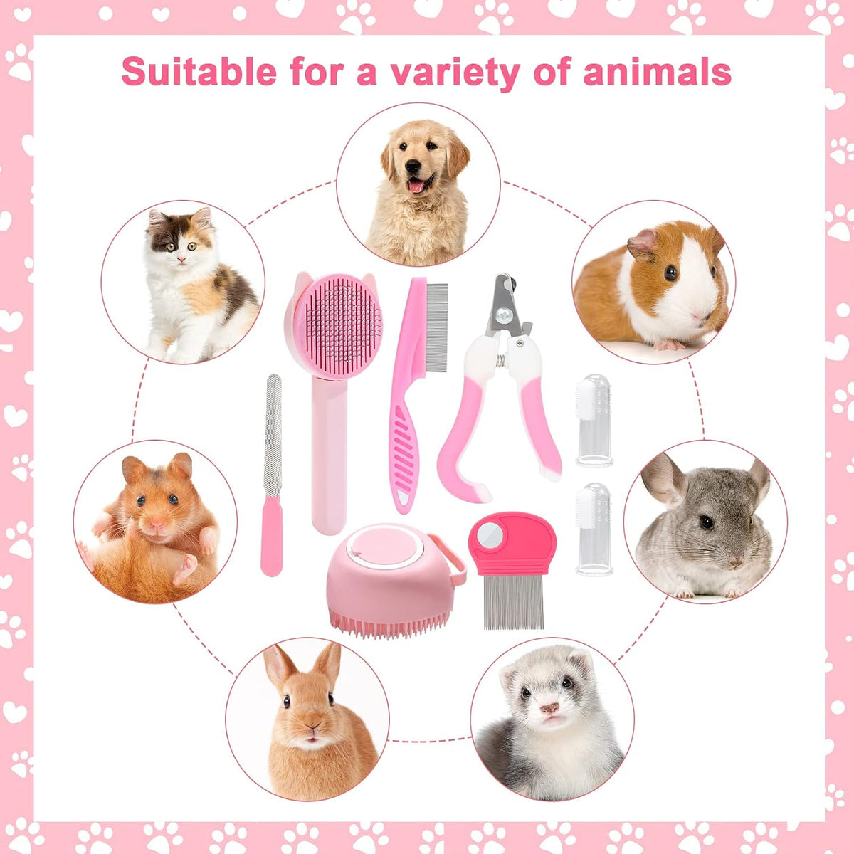 Complete packaging of the USA imported eight piece small animal grooming collection.
