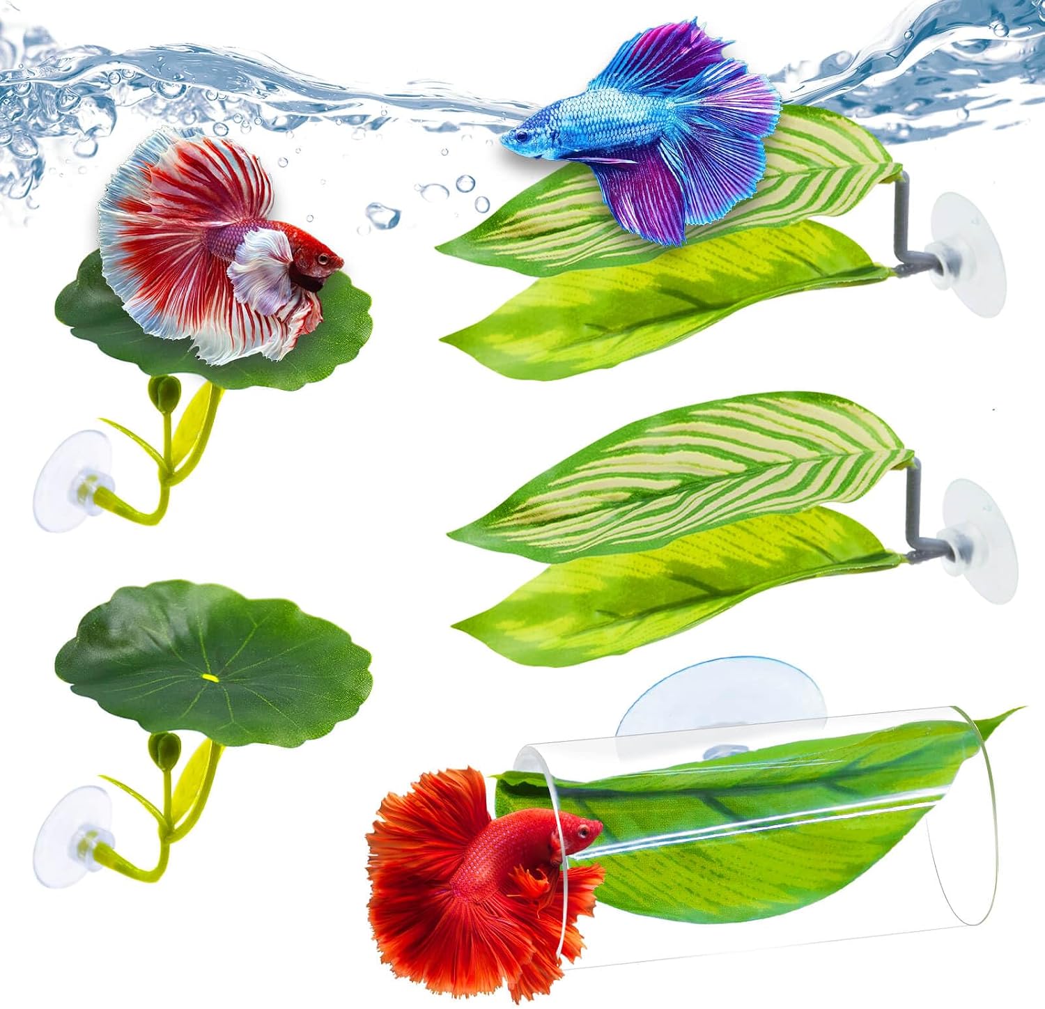 BaoZqua 5 Pieces Betta Hammock and Fish Toys Set front view showing artificial leaves and clear tunnel