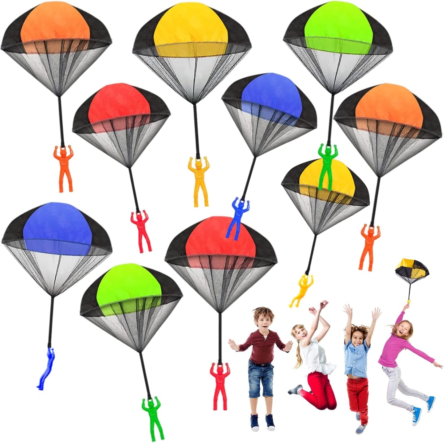 Juuxncgv 10 Pack Parachute Toy front view showing five vibrant colors of stringless paratroopers.
