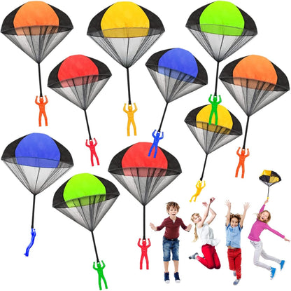 Juuxncgv 10 Pack Parachute Toy front view showing five vibrant colors of stringless paratroopers.