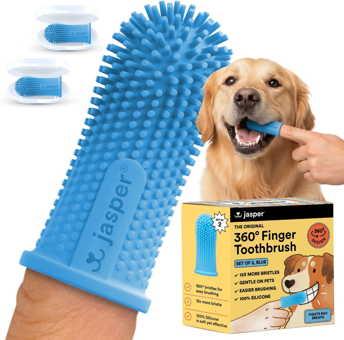 Jasper Dog Toothbrush, 360 Dog Tooth Brushing Kit, Finger Toothbrush, Cat Tooth Brush, Teeth Cleaning, Pet Tooth Brush for Small & Large Pets, Pet Toothpaste Not Included, 2-Pack Blue - Image 1