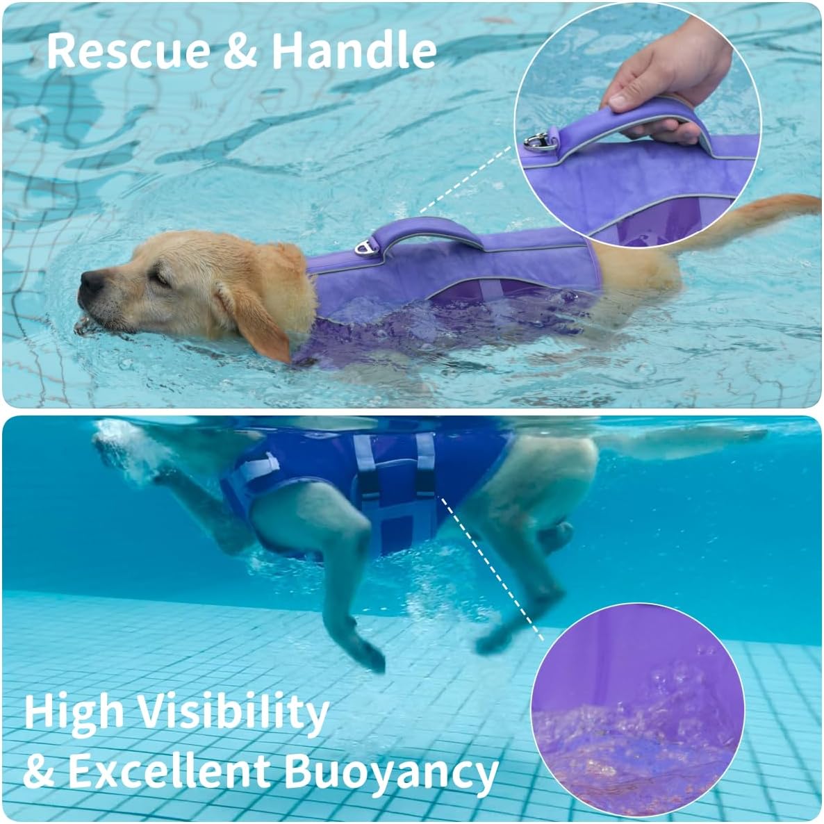 PETDSH dog flotation vest top view highlighting the durable rescue handle