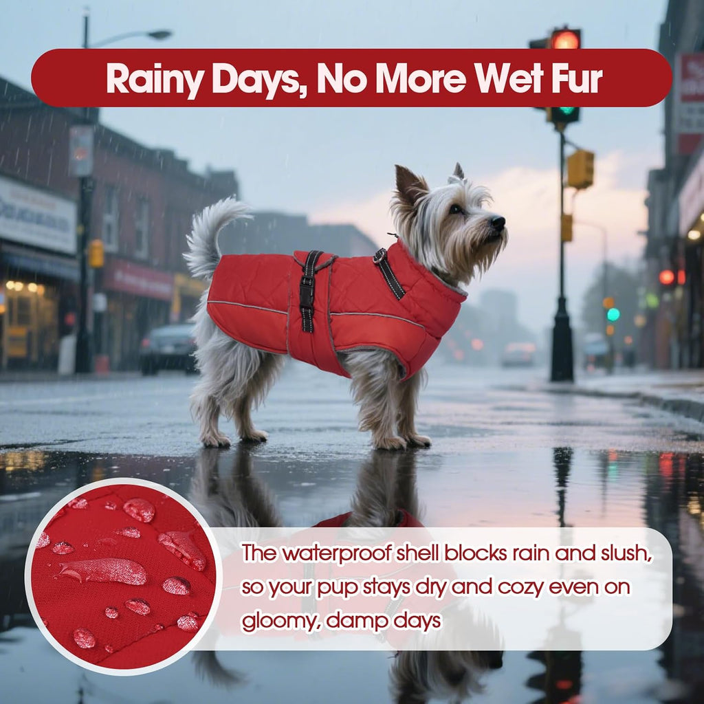 QBLEEV adjustable pet snowsuit showcasing the quick release buckles and belly straps.