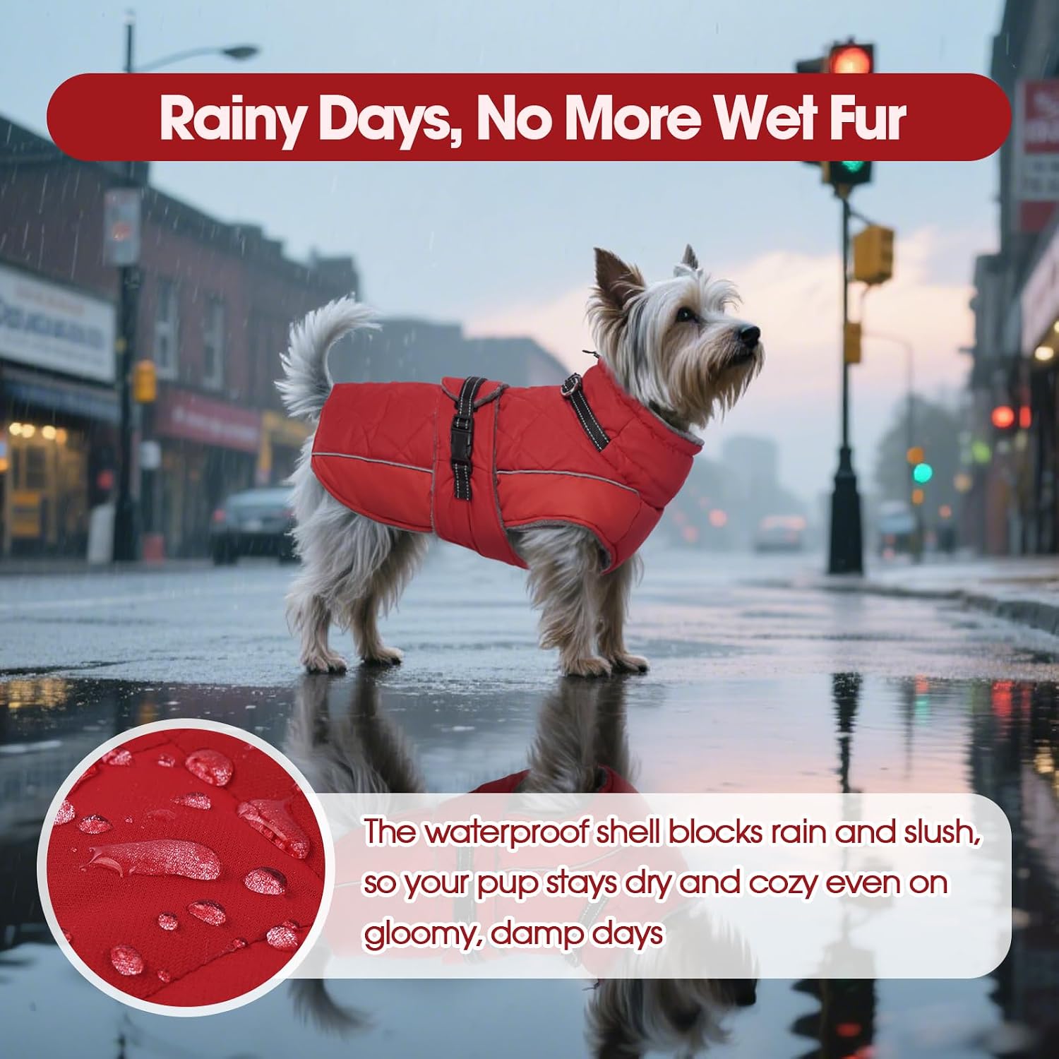 QBLEEV adjustable pet snowsuit showcasing the quick release buckles and belly straps.